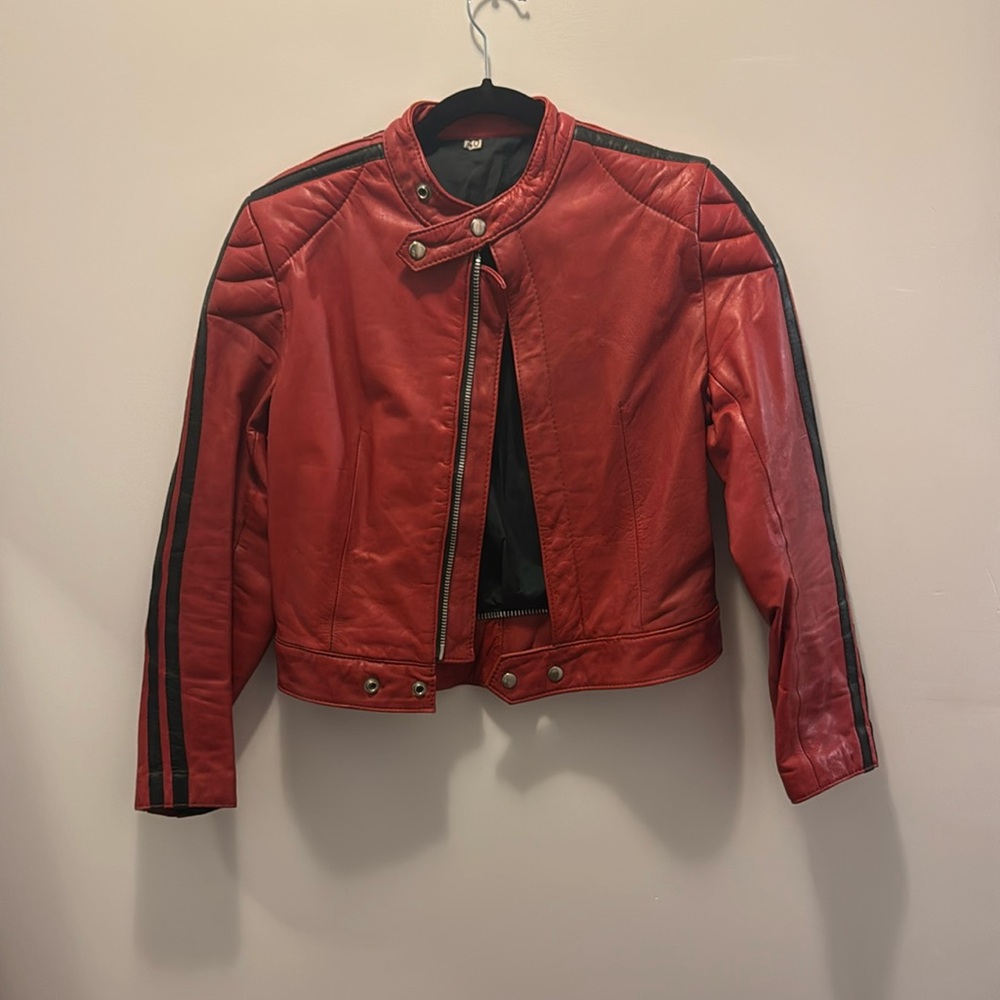 Red Leather Moto Jacket with Black Stripes
